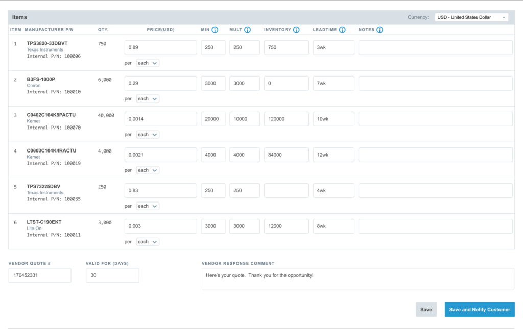 Vendor view of an Aligni RFQ